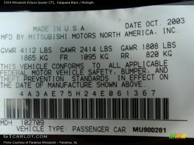 Kalapana Black / Midnight 2004 Mitsubishi Eclipse Spyder GTS