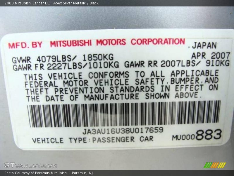 Apex Silver Metallic / Black 2008 Mitsubishi Lancer DE