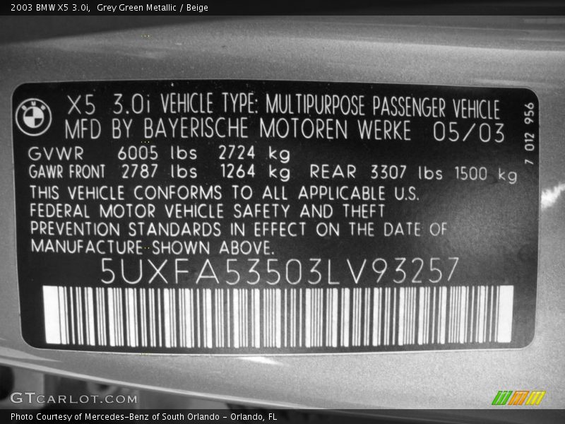 Grey Green Metallic / Beige 2003 BMW X5 3.0i