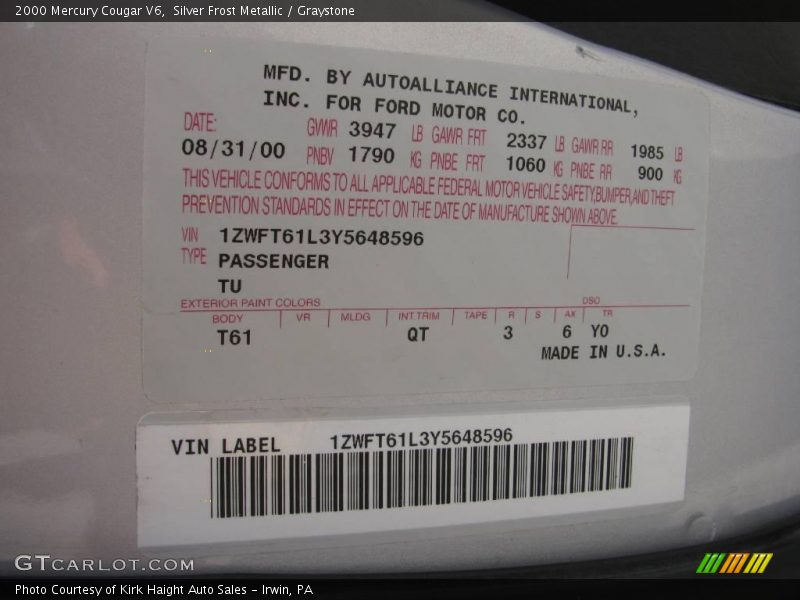 Silver Frost Metallic / Graystone 2000 Mercury Cougar V6