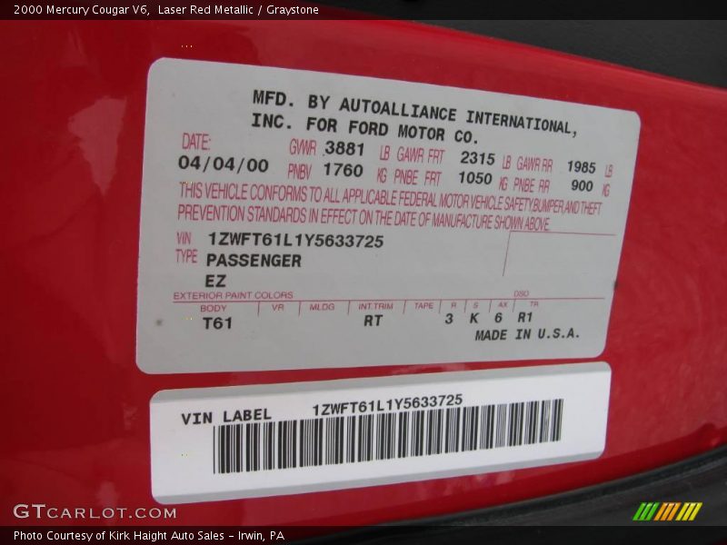 Laser Red Metallic / Graystone 2000 Mercury Cougar V6