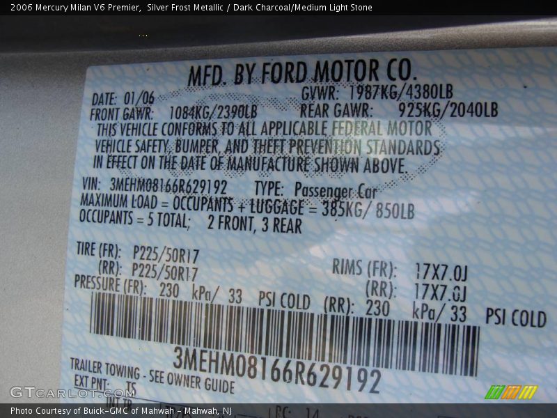 Silver Frost Metallic / Dark Charcoal/Medium Light Stone 2006 Mercury Milan V6 Premier