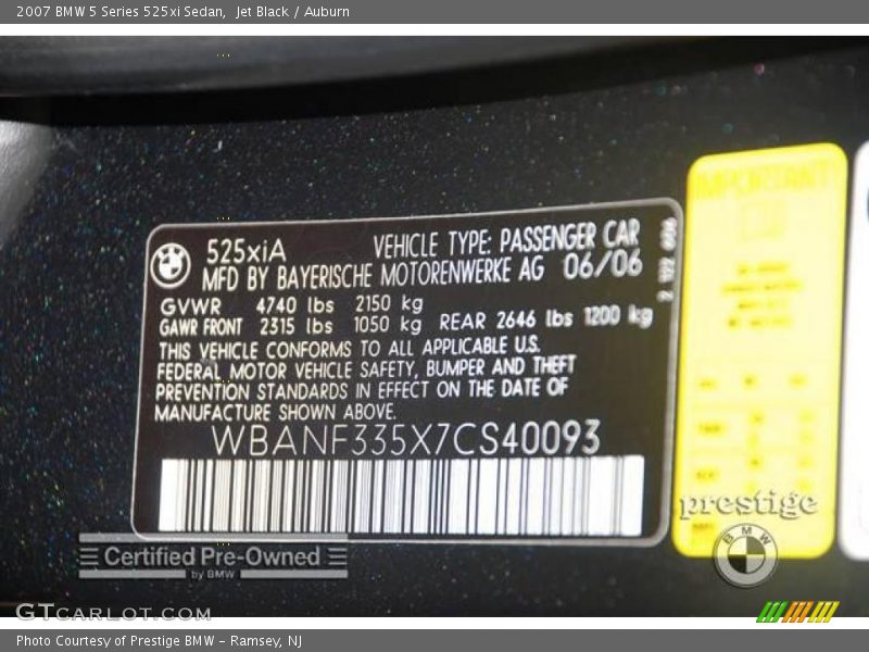 Jet Black / Auburn 2007 BMW 5 Series 525xi Sedan