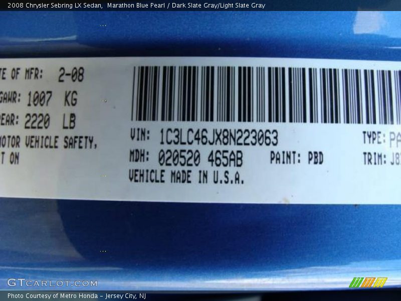Marathon Blue Pearl / Dark Slate Gray/Light Slate Gray 2008 Chrysler Sebring LX Sedan
