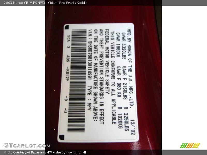 Chianti Red Pearl / Saddle 2003 Honda CR-V EX 4WD