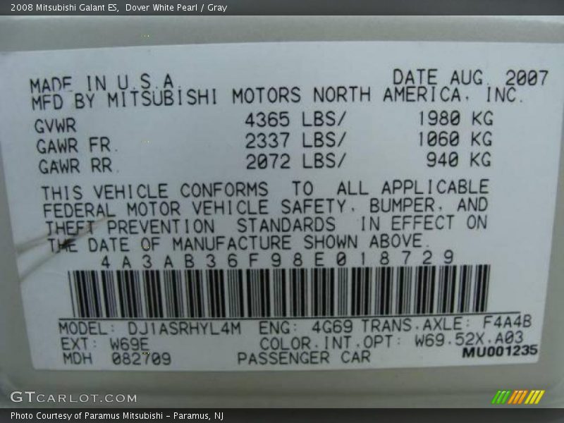 Dover White Pearl / Gray 2008 Mitsubishi Galant ES