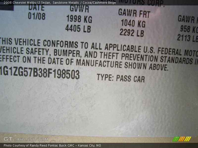 Sandstone Metallic / Cocoa/Cashmere Beige 2008 Chevrolet Malibu LS Sedan