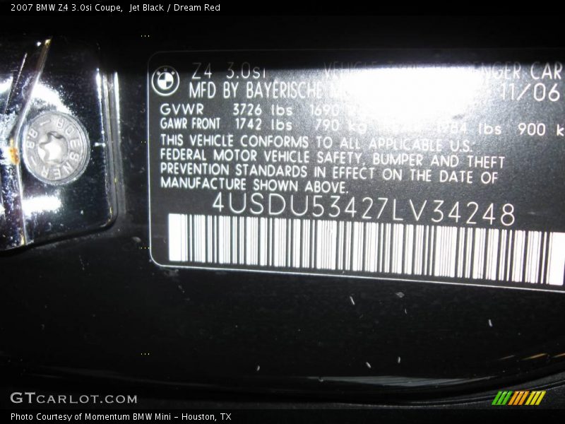 Jet Black / Dream Red 2007 BMW Z4 3.0si Coupe