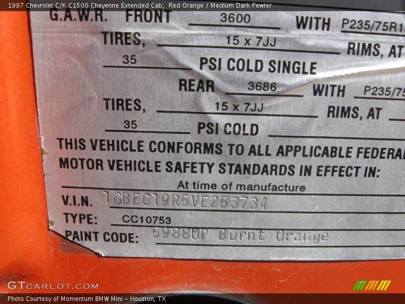 Red Orange / Medium Dark Pewter 1997 Chevrolet C/K C1500 Cheyenne Extended Cab