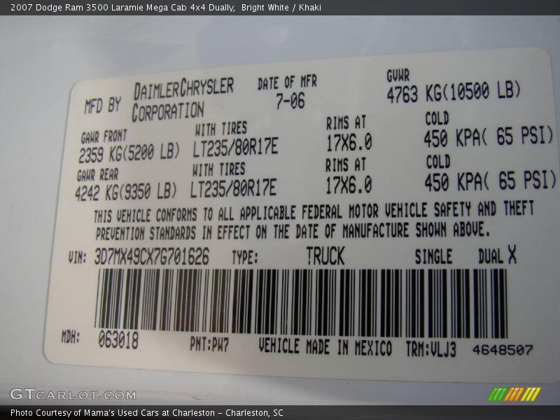 Bright White / Khaki 2007 Dodge Ram 3500 Laramie Mega Cab 4x4 Dually
