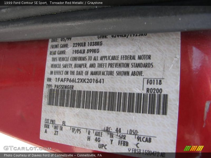 Toreador Red Metallic / Graystone 1999 Ford Contour SE Sport