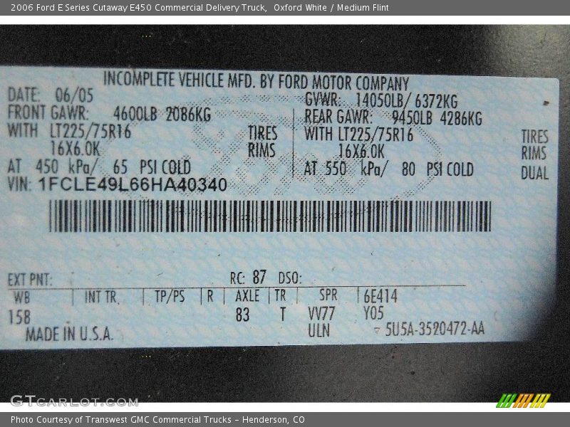 Oxford White / Medium Flint 2006 Ford E Series Cutaway E450 Commercial Delivery Truck