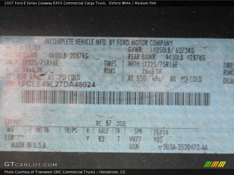 Oxford White / Medium Flint 2007 Ford E Series Cutaway E450 Commercial Cargo Truck