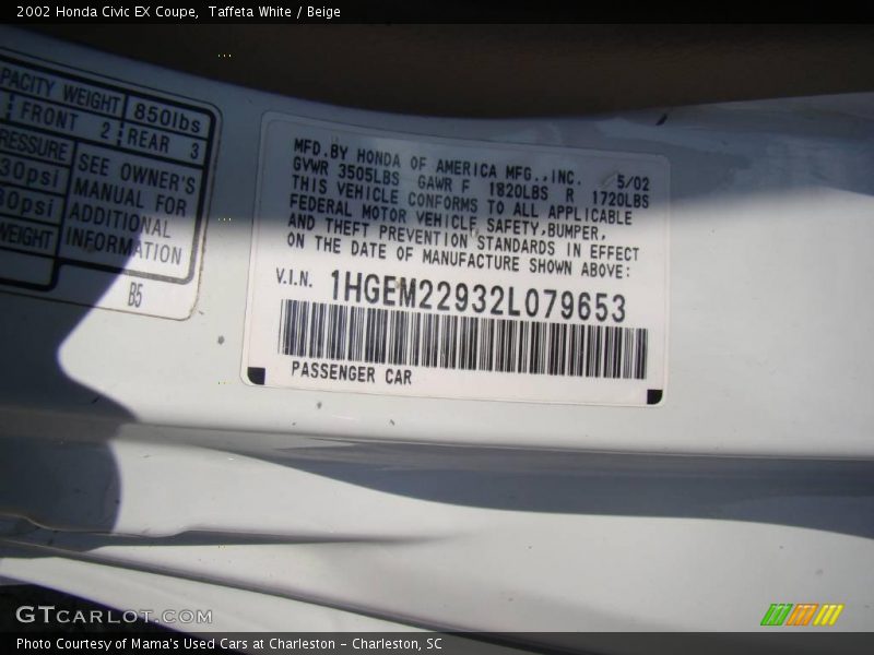 Taffeta White / Beige 2002 Honda Civic EX Coupe