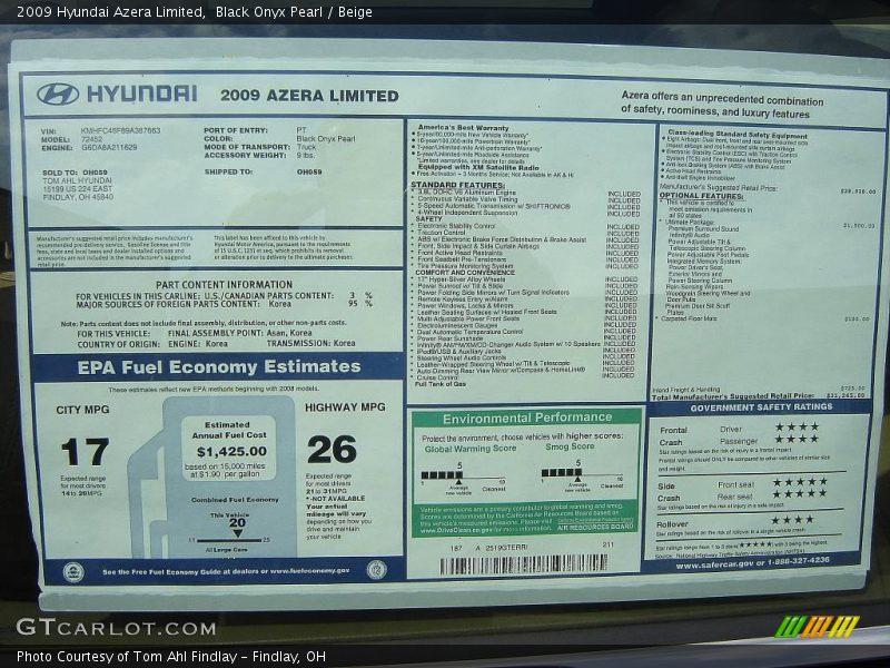 Black Onyx Pearl / Beige 2009 Hyundai Azera Limited