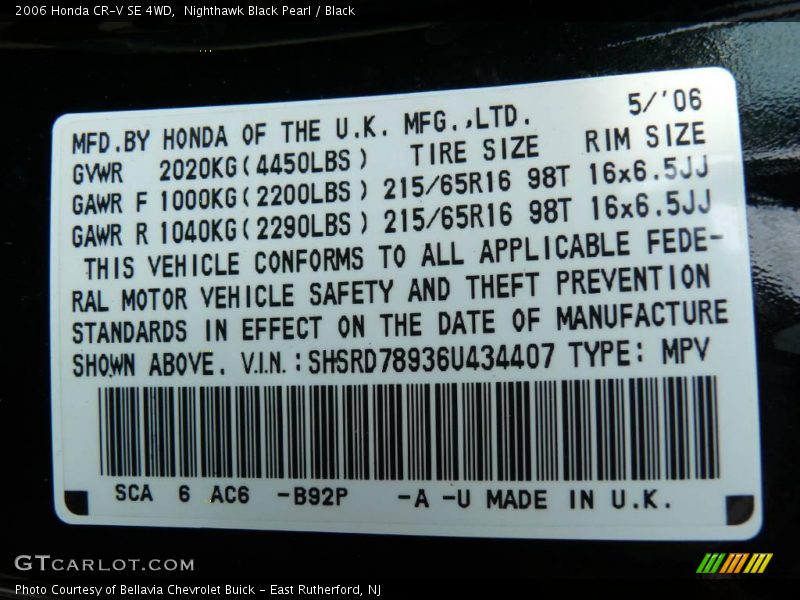 Nighthawk Black Pearl / Black 2006 Honda CR-V SE 4WD