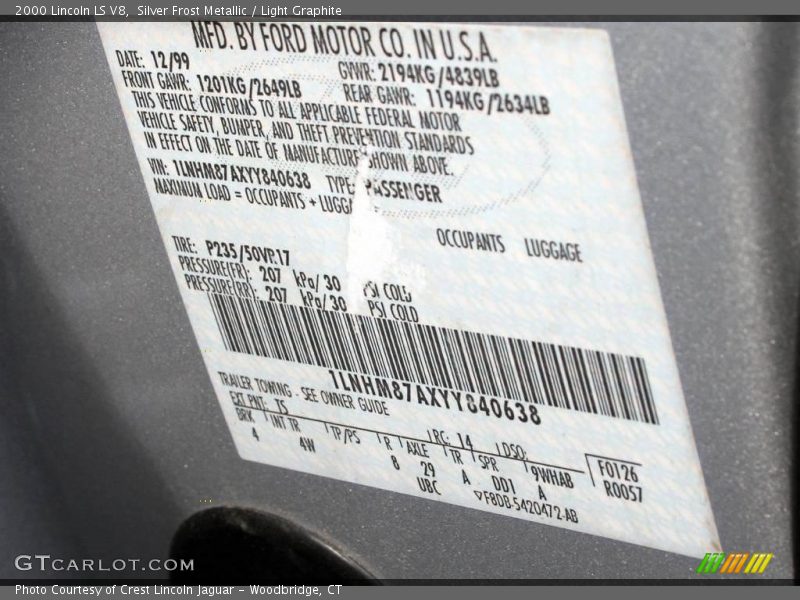 Silver Frost Metallic / Light Graphite 2000 Lincoln LS V8