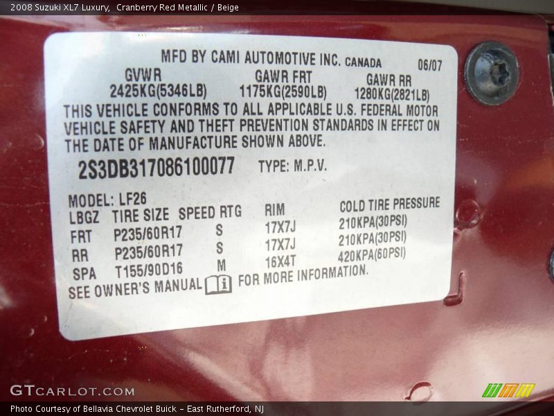 Cranberry Red Metallic / Beige 2008 Suzuki XL7 Luxury