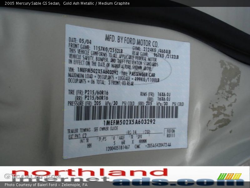 Gold Ash Metallic / Medium Graphite 2005 Mercury Sable GS Sedan