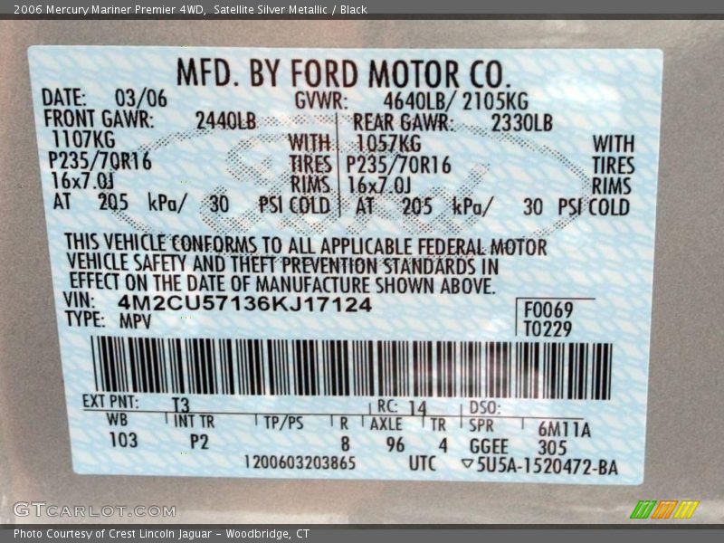 Satellite Silver Metallic / Black 2006 Mercury Mariner Premier 4WD