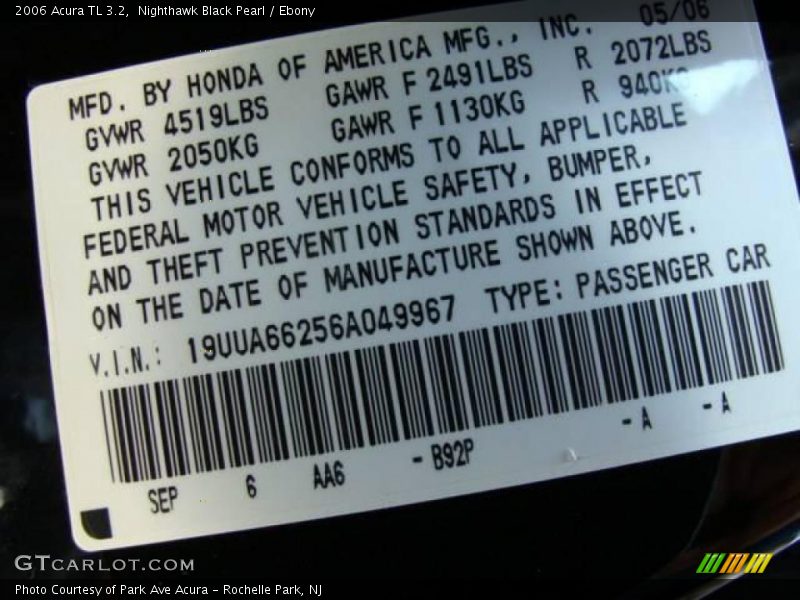 Nighthawk Black Pearl / Ebony 2006 Acura TL 3.2