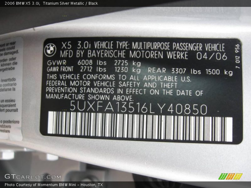 Titanium Silver Metallic / Black 2006 BMW X5 3.0i