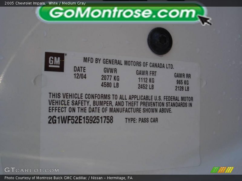 White / Medium Gray 2005 Chevrolet Impala