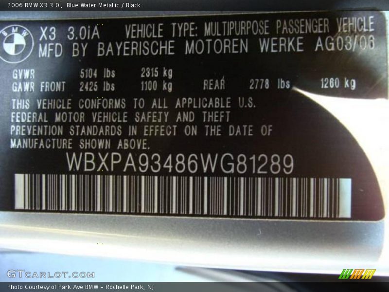 Blue Water Metallic / Black 2006 BMW X3 3.0i