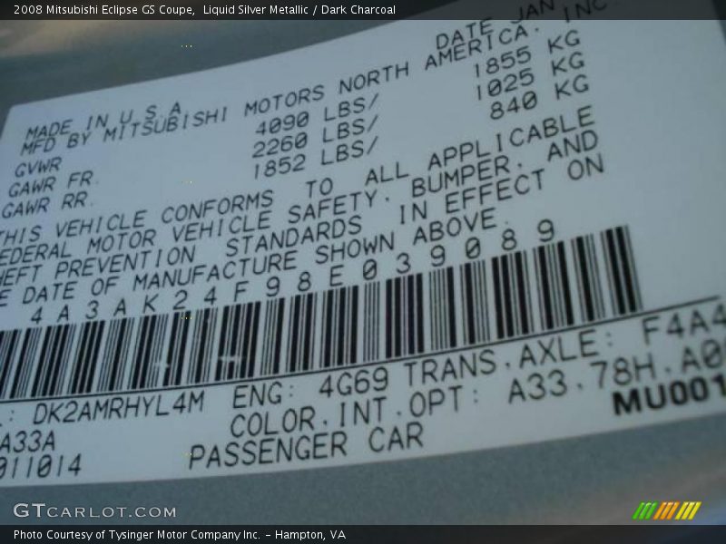 Liquid Silver Metallic / Dark Charcoal 2008 Mitsubishi Eclipse GS Coupe
