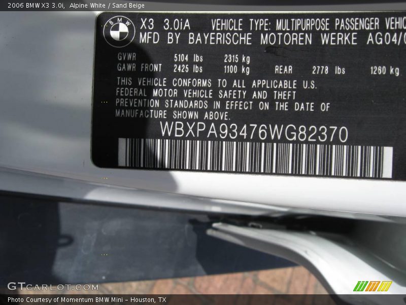 Alpine White / Sand Beige 2006 BMW X3 3.0i