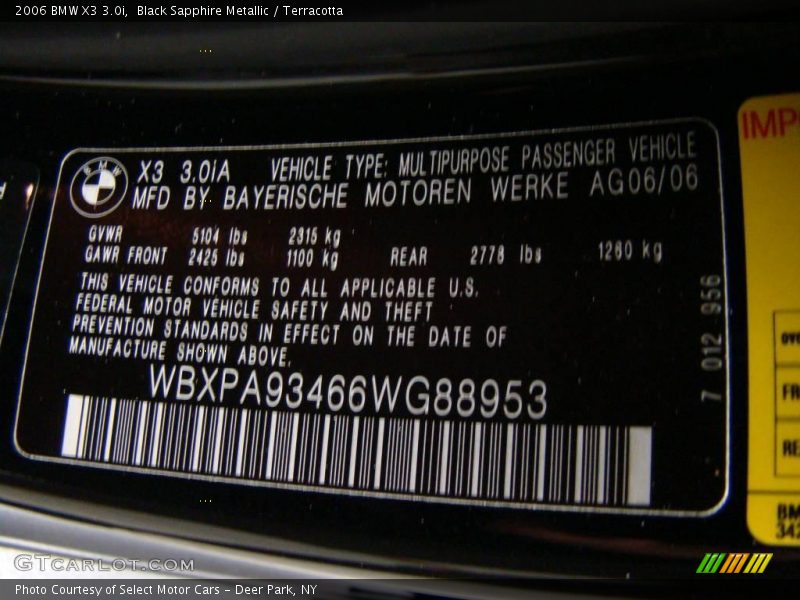 Black Sapphire Metallic / Terracotta 2006 BMW X3 3.0i