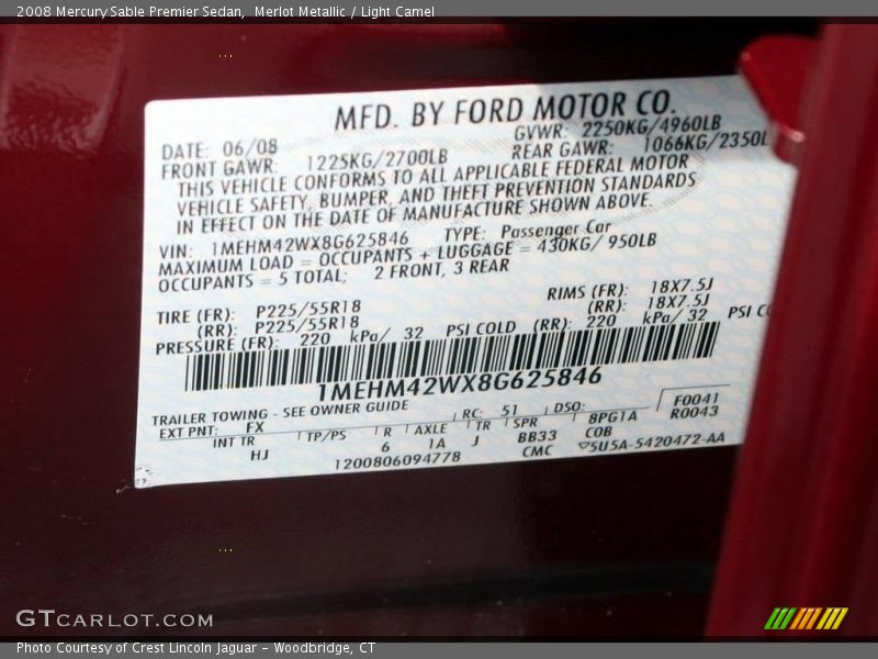 Merlot Metallic / Light Camel 2008 Mercury Sable Premier Sedan