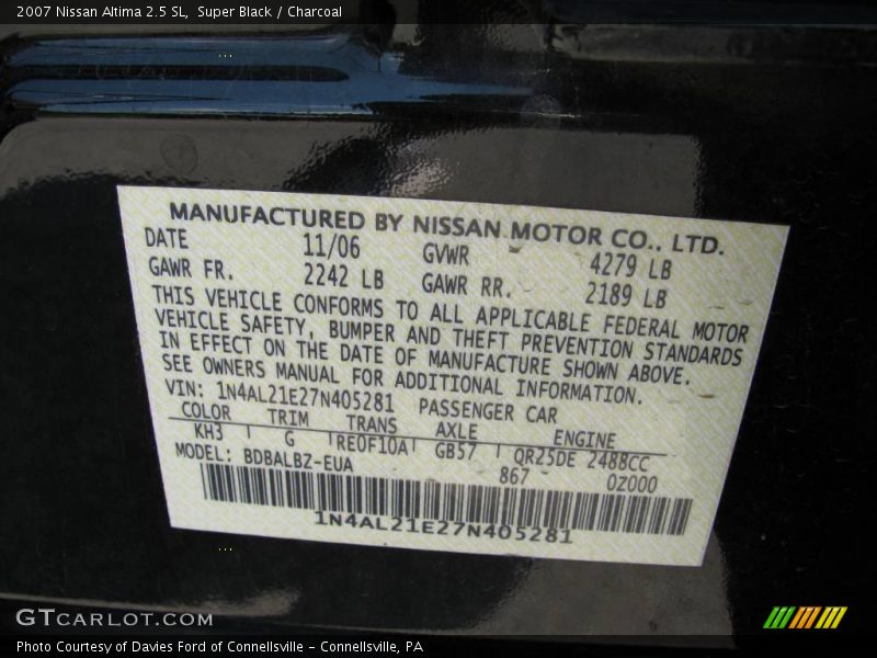 Super Black / Charcoal 2007 Nissan Altima 2.5 SL