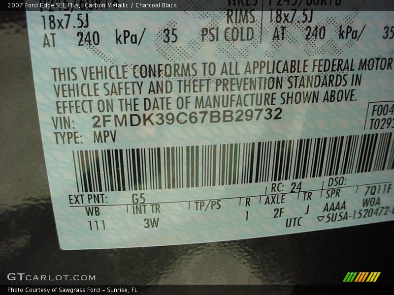 Carbon Metallic / Charcoal Black 2007 Ford Edge SEL Plus
