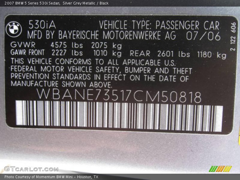 Silver Grey Metallic / Black 2007 BMW 5 Series 530i Sedan