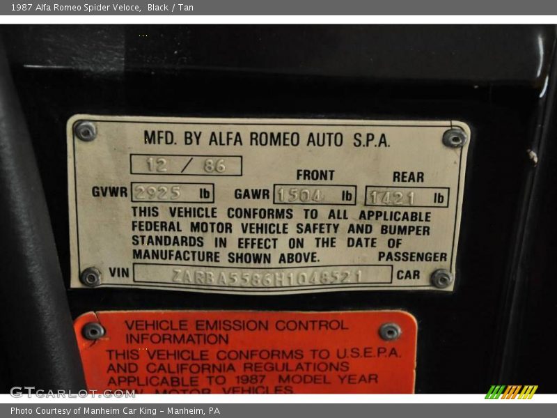 Info Tag of 1987 Spider Veloce