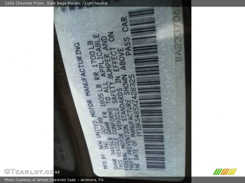 Dark Beige Metallic / Light Neutral 1999 Chevrolet Prizm