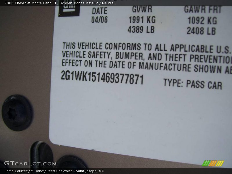 Amber Bronze Metallic / Neutral 2006 Chevrolet Monte Carlo LT