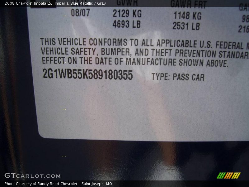 Imperial Blue Metallic / Gray 2008 Chevrolet Impala LS