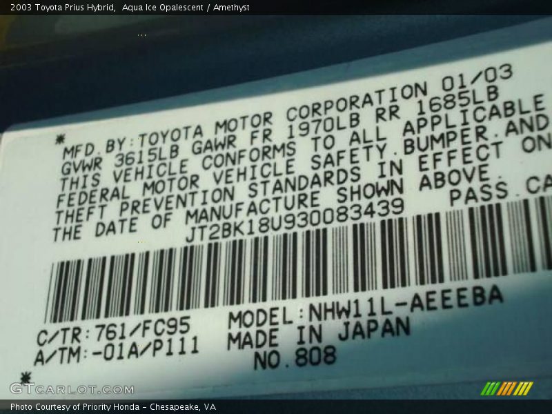 Aqua Ice Opalescent / Amethyst 2003 Toyota Prius Hybrid
