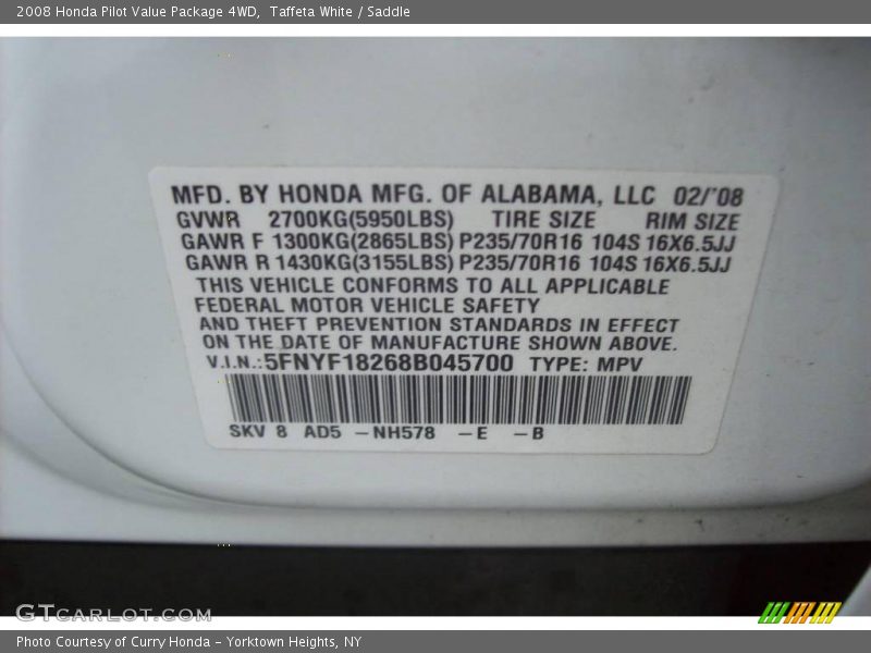 Taffeta White / Saddle 2008 Honda Pilot Value Package 4WD