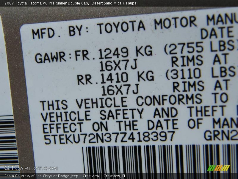 Desert Sand Mica / Taupe 2007 Toyota Tacoma V6 PreRunner Double Cab