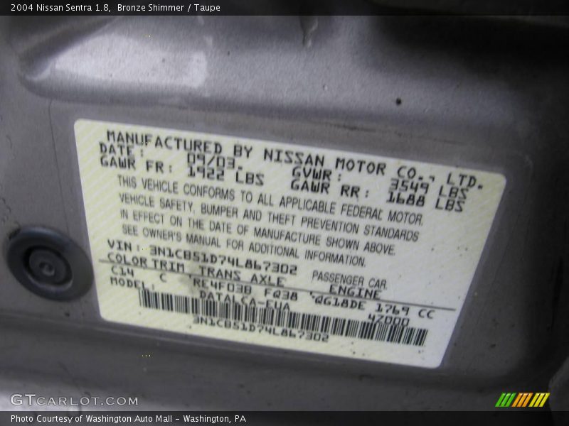 Bronze Shimmer / Taupe 2004 Nissan Sentra 1.8