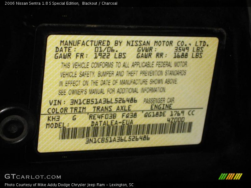 Blackout / Charcoal 2006 Nissan Sentra 1.8 S Special Edition