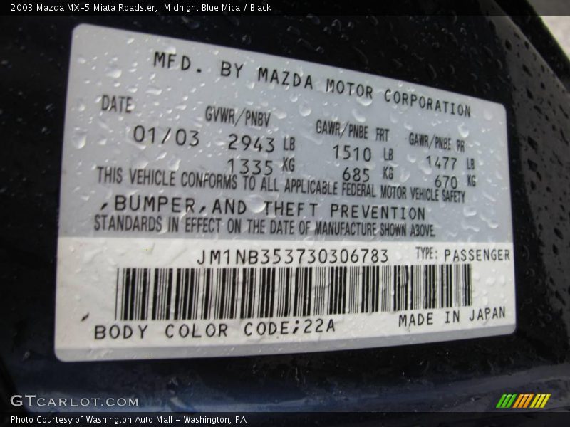 Midnight Blue Mica / Black 2003 Mazda MX-5 Miata Roadster