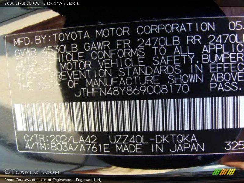 Black Onyx / Saddle 2006 Lexus SC 430