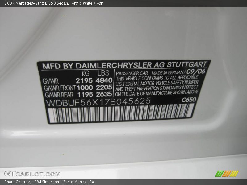 Arctic White / Ash 2007 Mercedes-Benz E 350 Sedan
