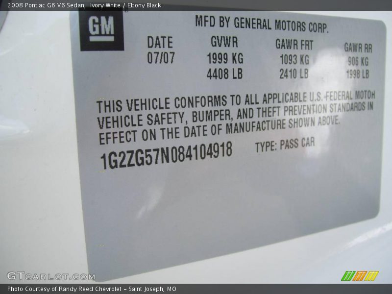 Ivory White / Ebony Black 2008 Pontiac G6 V6 Sedan