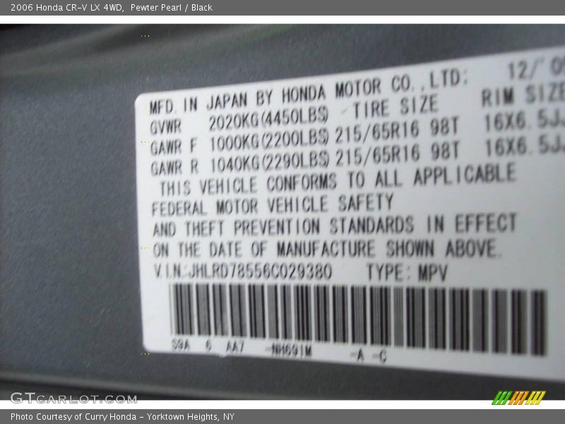 Pewter Pearl / Black 2006 Honda CR-V LX 4WD