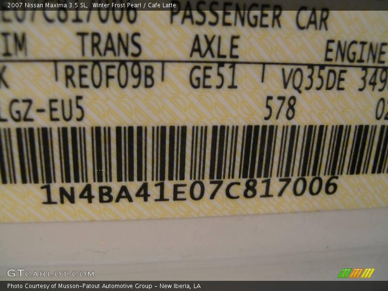 Winter Frost Pearl / Cafe Latte 2007 Nissan Maxima 3.5 SL